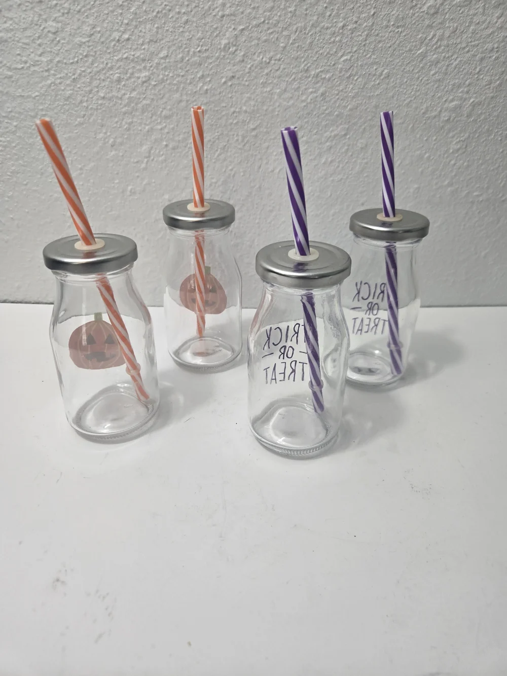 Halloween Trick or Treat Glass Milk Bottles with Orange & Purple Straws